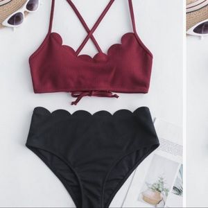 Ribbed Scalloped Color Block Bikini Set